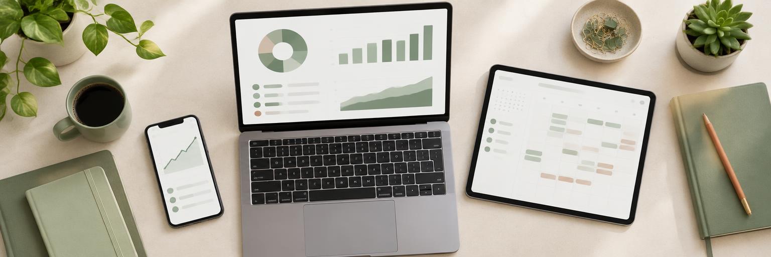 Digital planning dashboards on a laptop, tablet, and phone